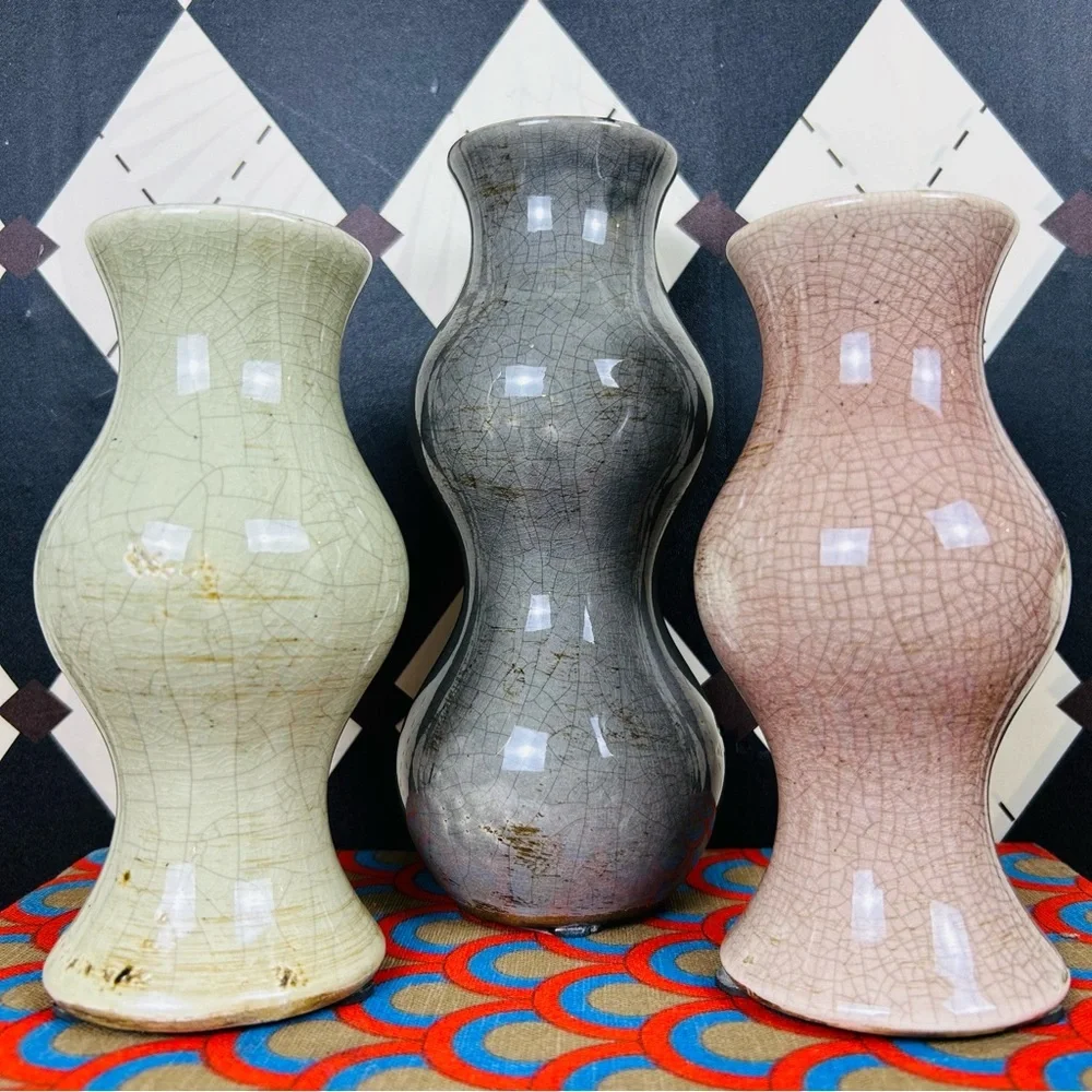 Studio Pottery Trio Bud Vases Crackle Glaze Sculptural| Vintage Luxury Set of 3 - Picture 4 of 16